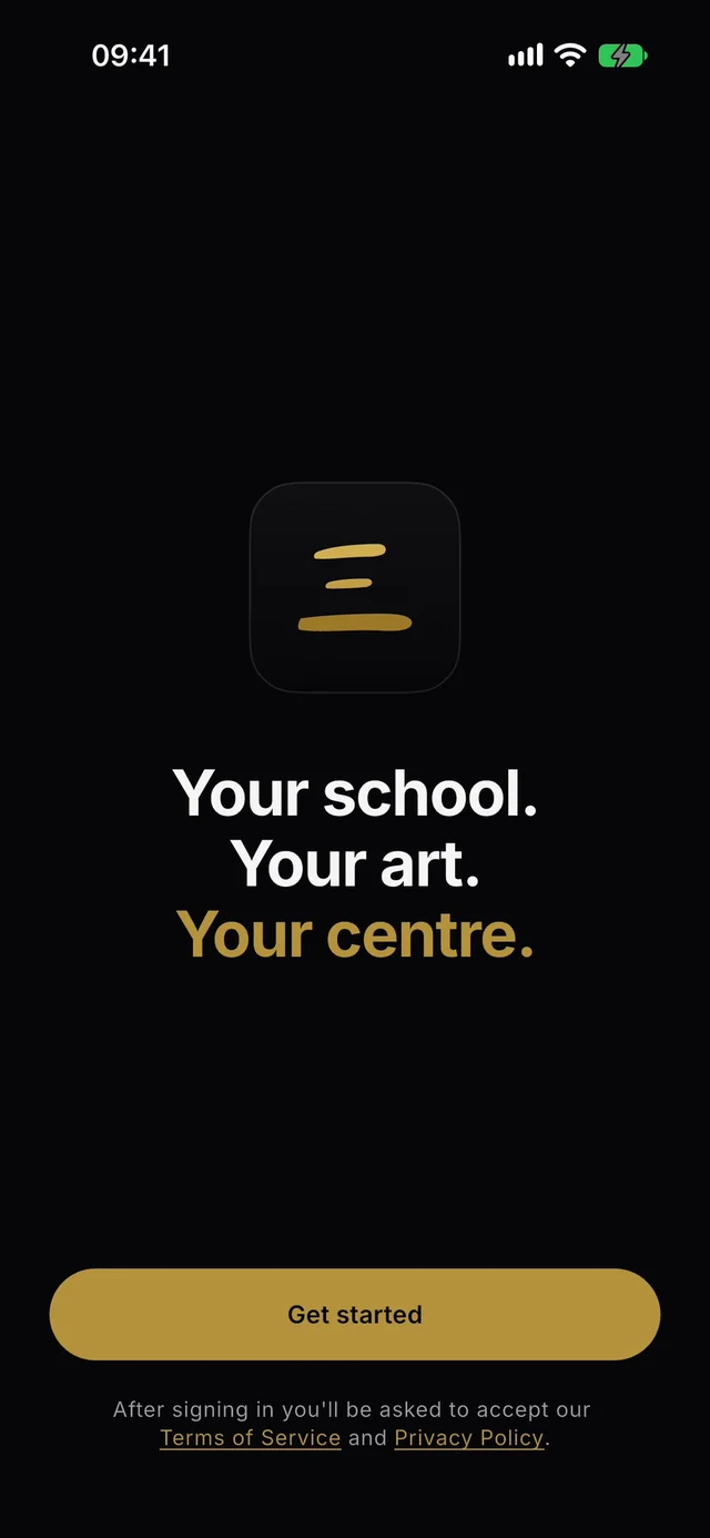 The C3NTR app's Get started screen: Your school. Your art. Your centre.